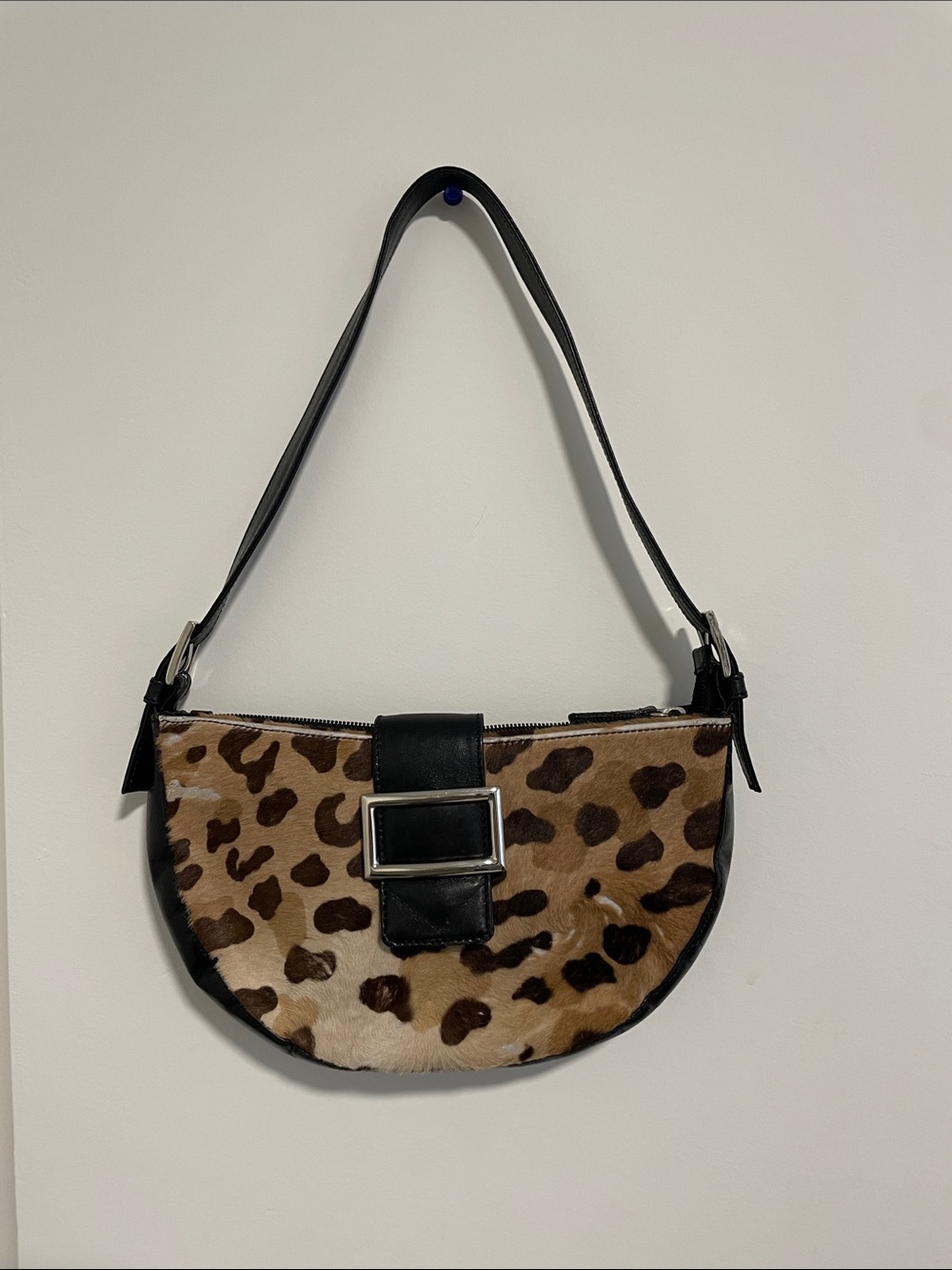 13 browns Leopard Print Half-Moon Shoulder Bag with Black Trim